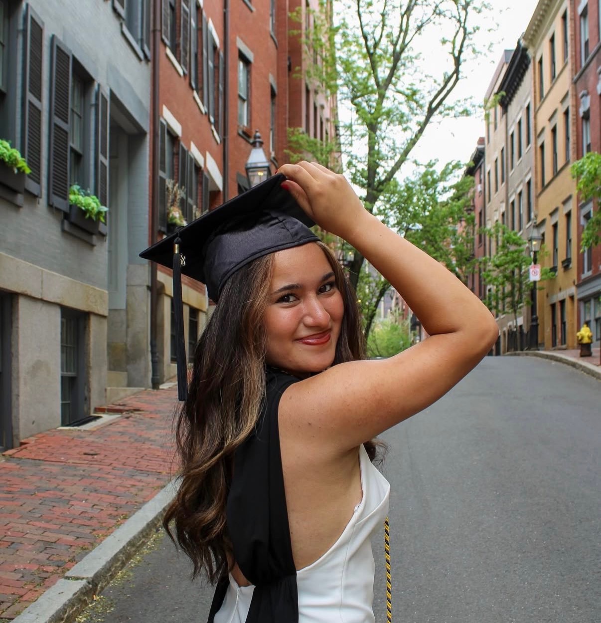 Graduation portrait on a Beacon Hill street in Boston
